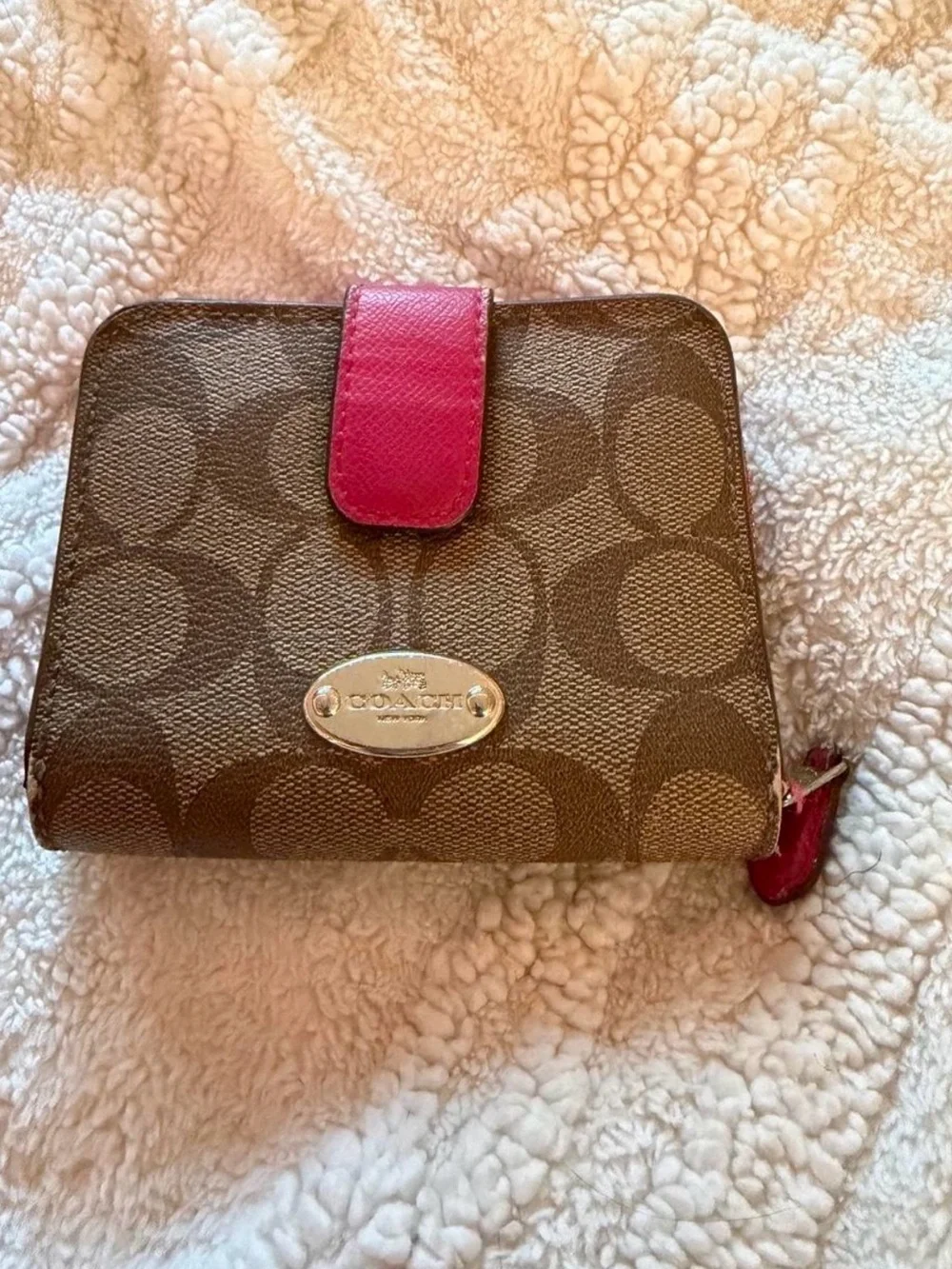 Coach Brown Signature Canvas Wallet with Pink Tab